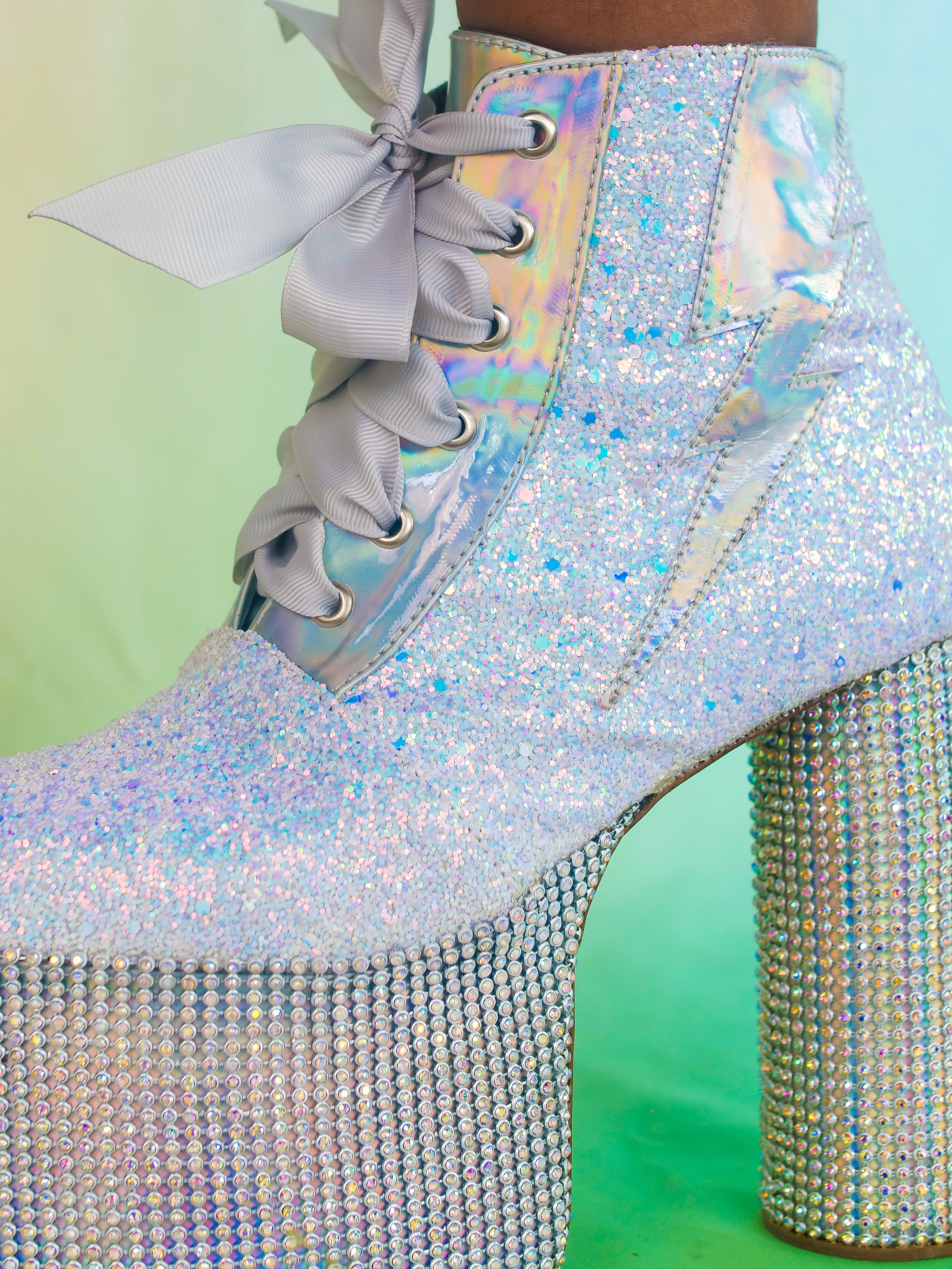 Glitter Mens Silver Platform Boots SALE DEMONIA STACK-201G